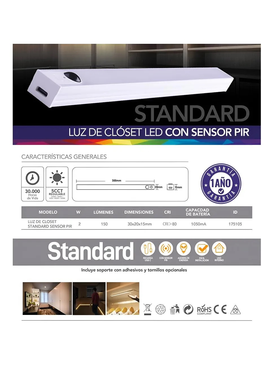 Luz de Closet LED D05 300mm Sensor PIR 5CCT USB Recargable 2