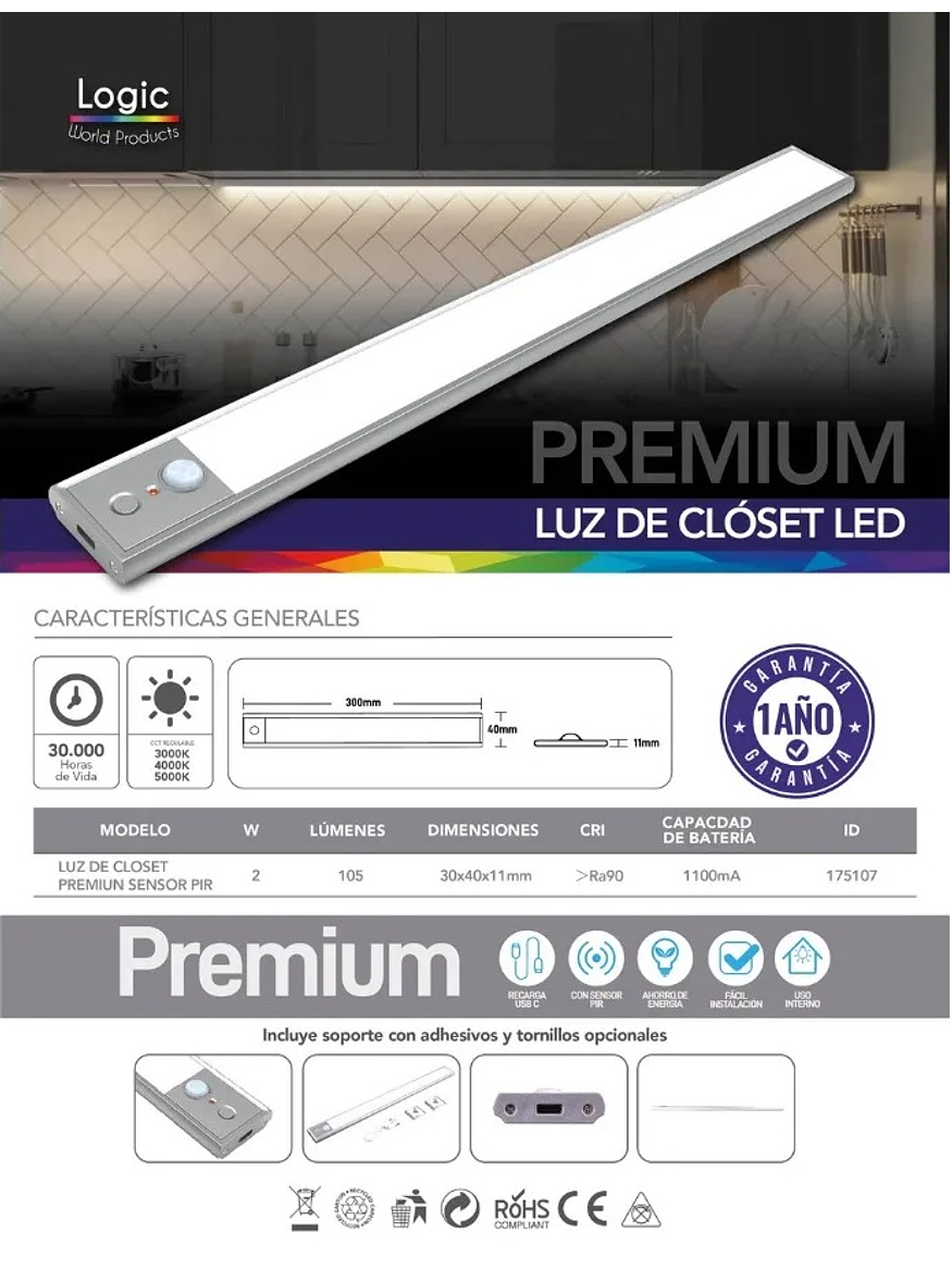 Luz de Closet LED A03 Premium 300mm Sensor PIR 3CCT Cuerpo Metálico 2