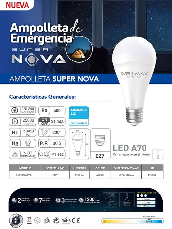 Ampolleta Emergencia LED 11W E27 Luz Fría 6500K 3