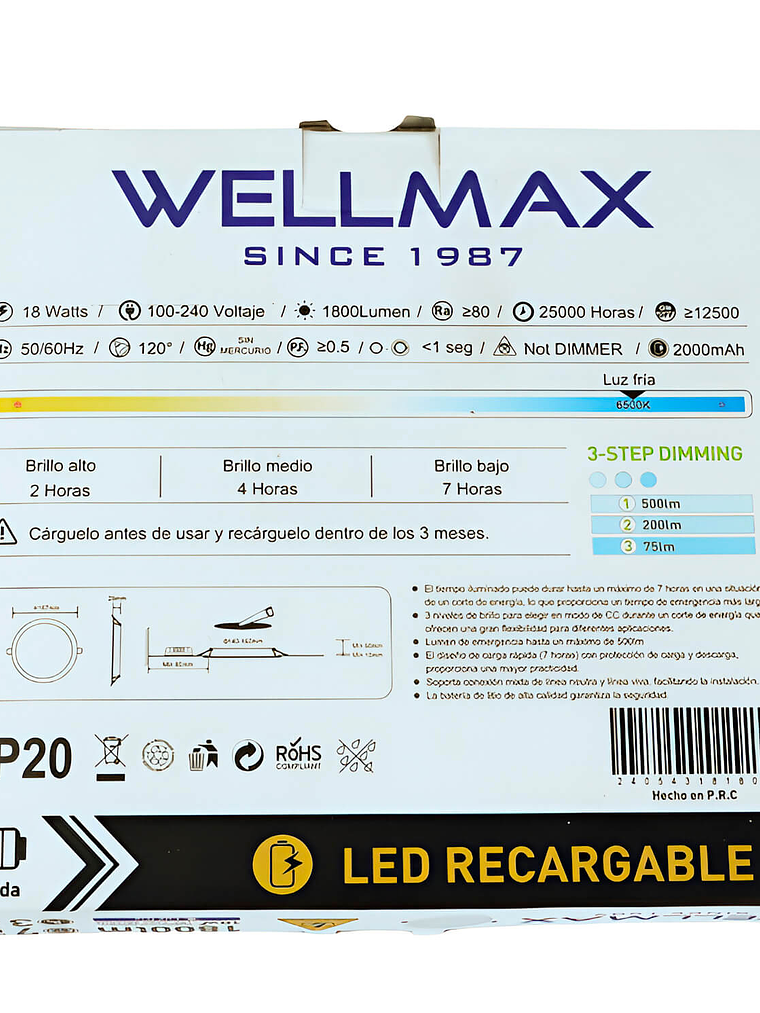 Embutido Cielo LED 18W c/Kit de Emergencia Luz Fría 4