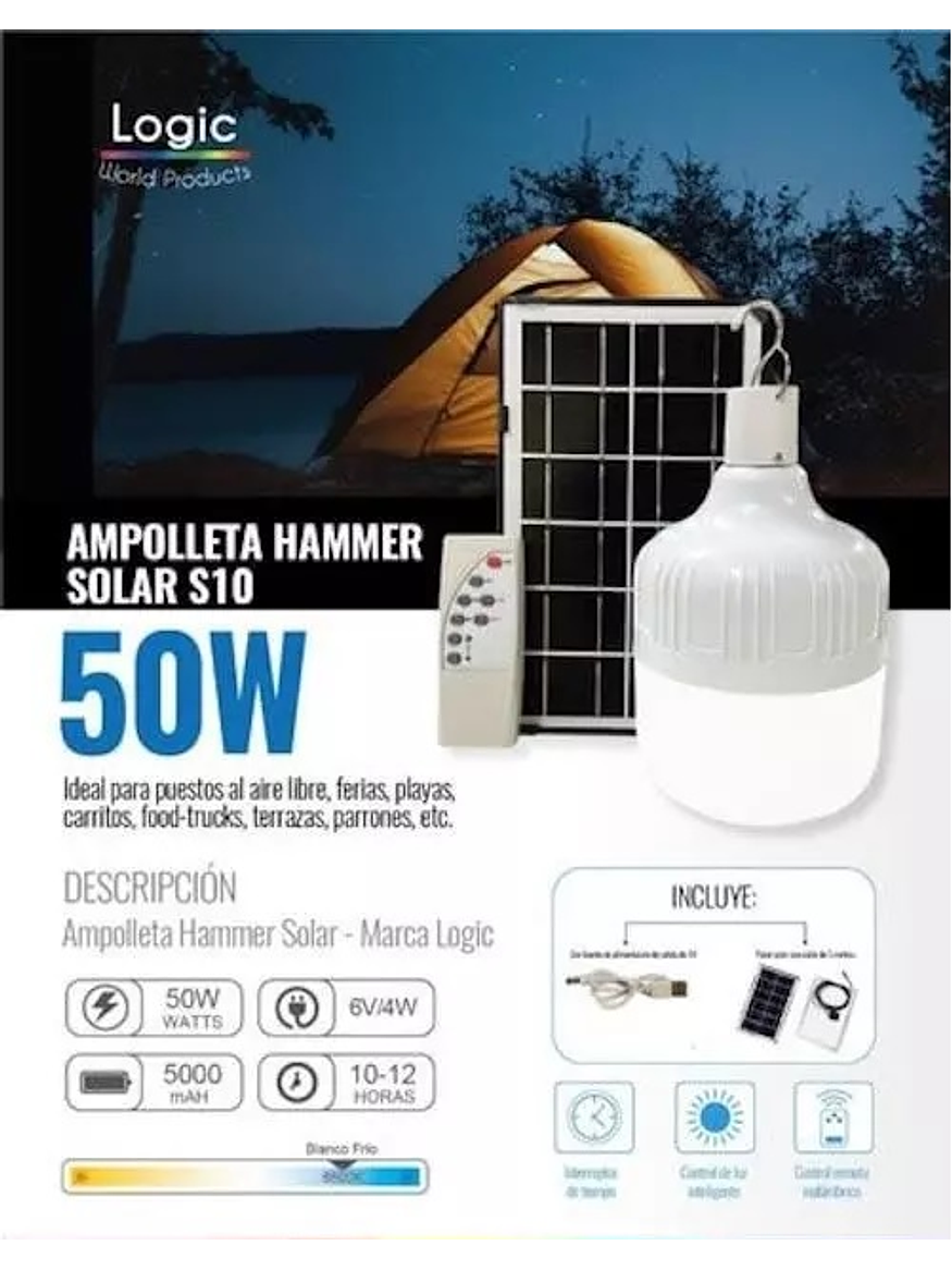 Ampolleta LED Solar 50W 6500K con Panel y Control de Tiempo 2
