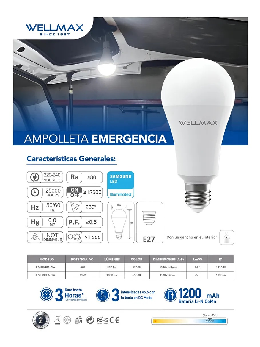 Ampolleta Emergencia LED 9W E27 Luz Fría 6500K 6