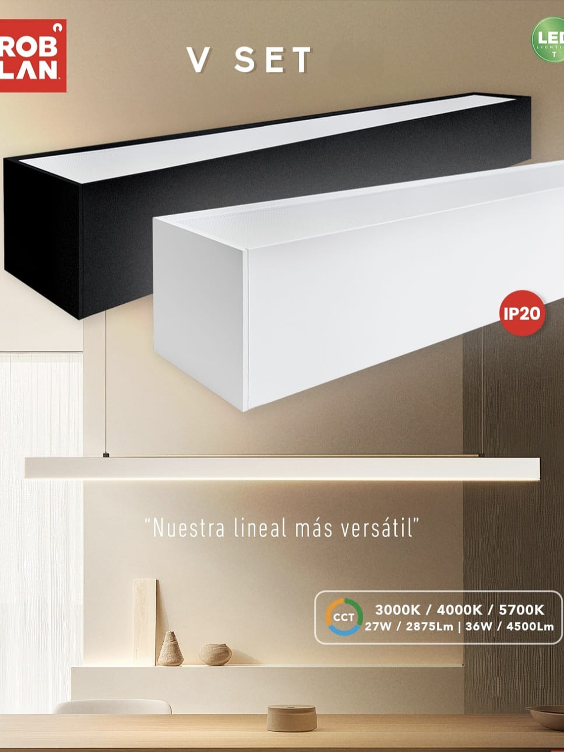 Luminaria Lineal LED VSET Difusor Prismático 27W CCT Blanco Regulable 2