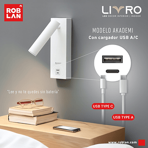 Aplique AKADEMI LED 3W 250lm 3000K Blanco IP20 USB A+C