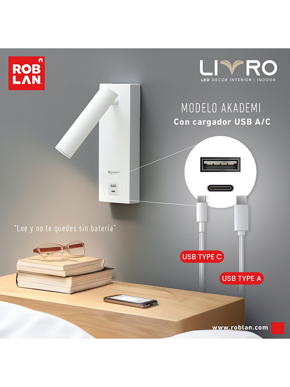 Aplique LED Lectura Roblan AKADEMI 3W 3000K c/Interruptor + USB A/C Blanco 2