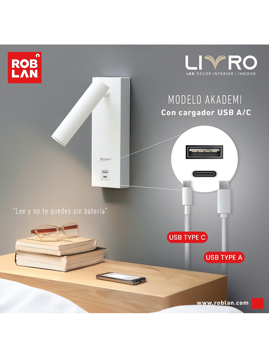 Aplique LED Lectura Roblan AKADEMI 3W 3000K c/Interruptor + USB A/C Blanco 2