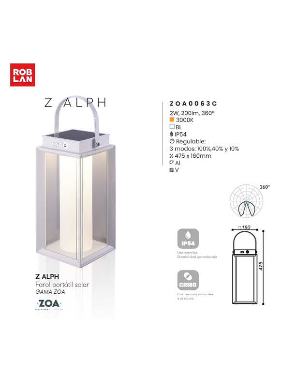 Luminaria ALPH ROBLAN Portátil 15SMD 3000K Blanca con Batería 7
