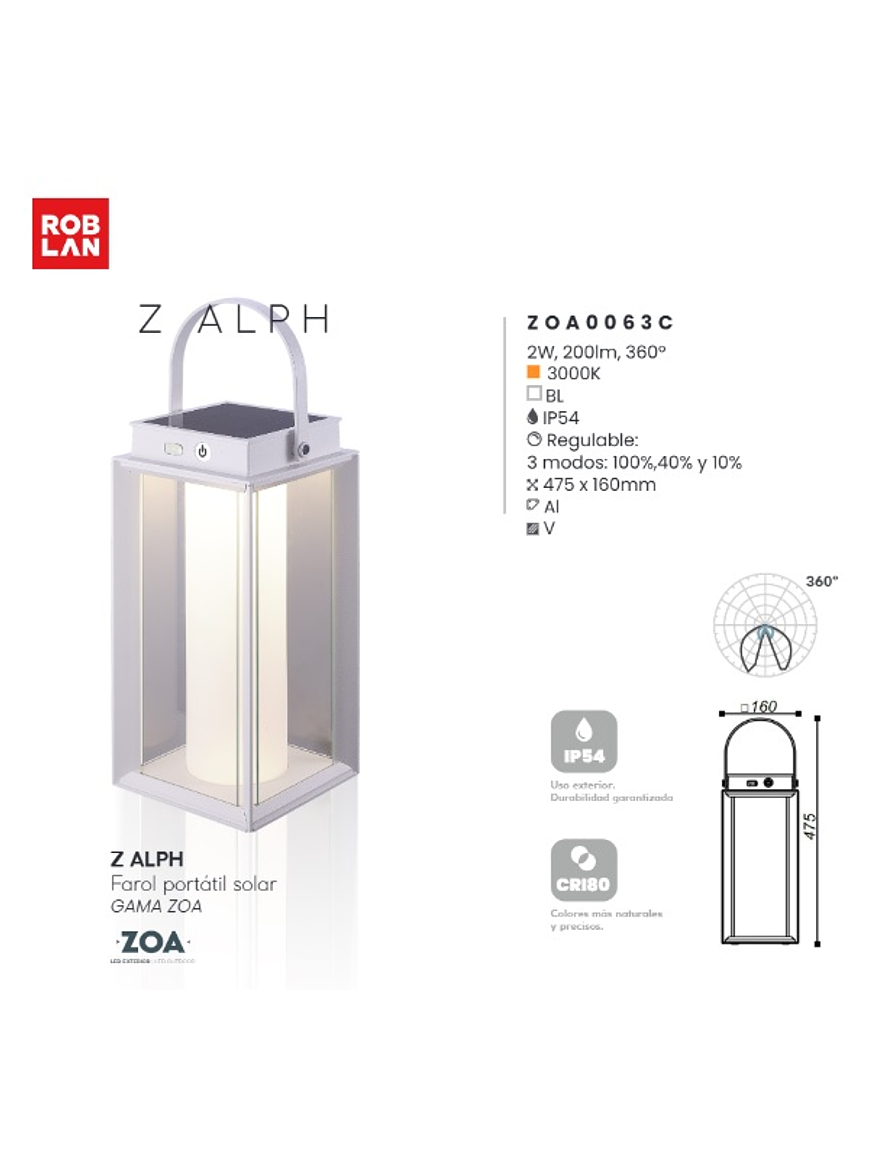 Luminaria ALPH ROBLAN Portátil 15SMD 3000K Blanca con Batería 7