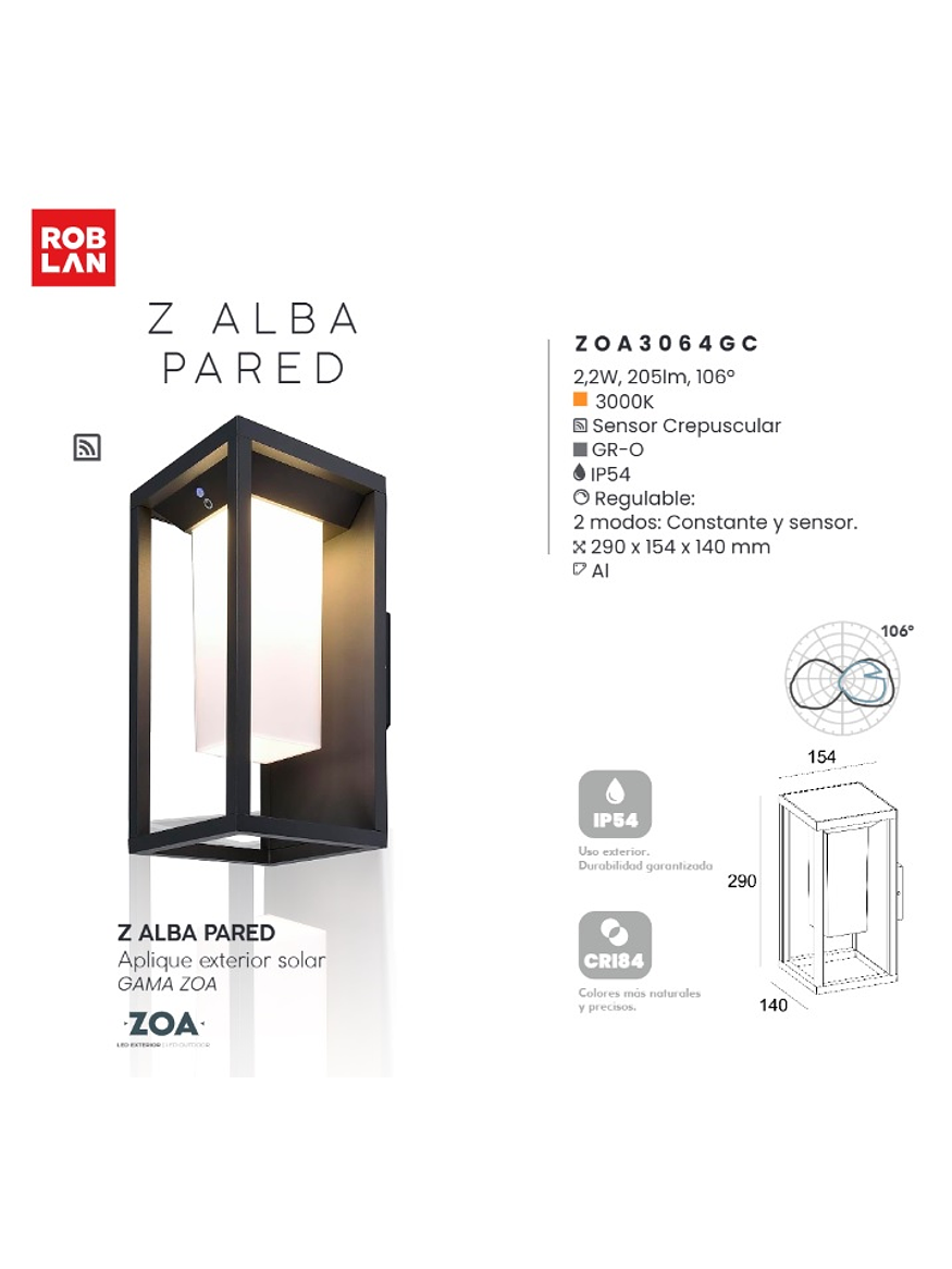 Aplique Solar Roblan Alba 2,2W Luz Cálida IP54 Gris Oscuro 6
