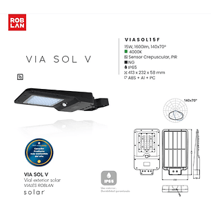 Luminaria Roblan Vial 15W Solar con Sensor y Batería 1600lm IP65 4000K