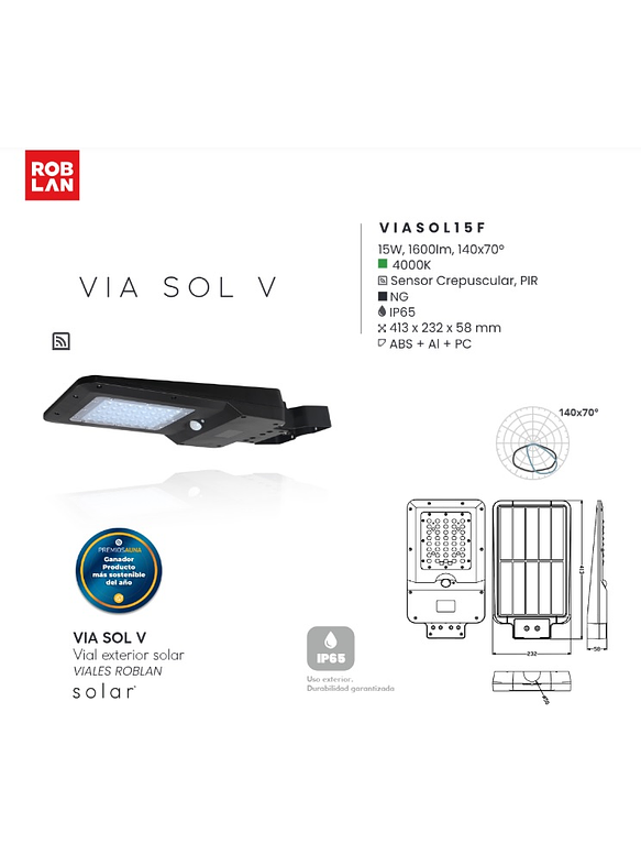 Luminaria Vial Solar Roblan 15W Luz Neutra con Sensor IP65 2