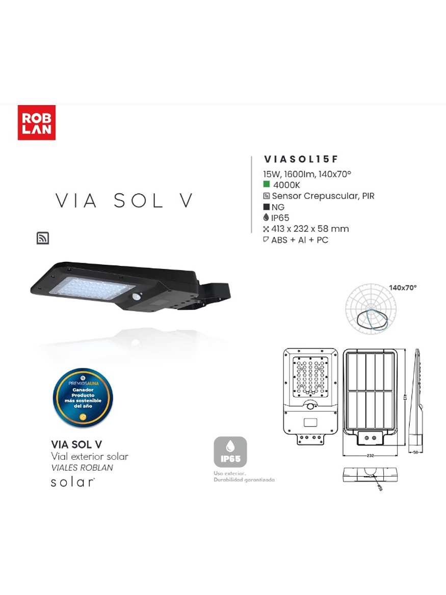 Luminaria Vial Solar Roblan 15W Luz Neutra con Sensor IP65 2