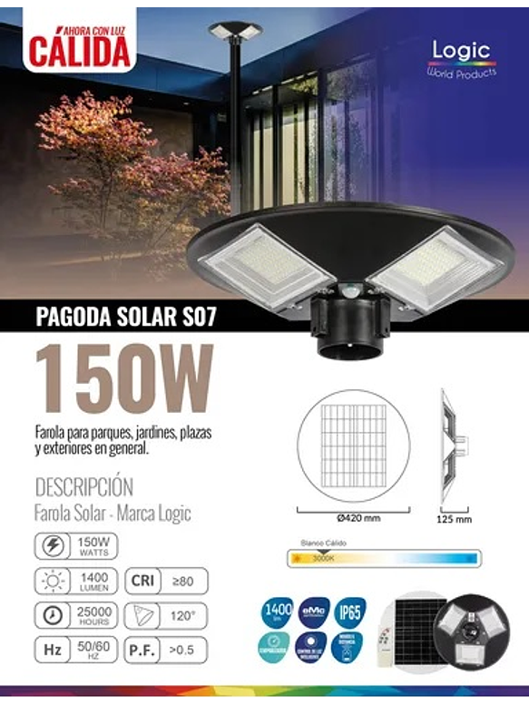 Alumbrado Publico Pagoda SOLAR 150W Luz Cálida C/Remoto IP65 3