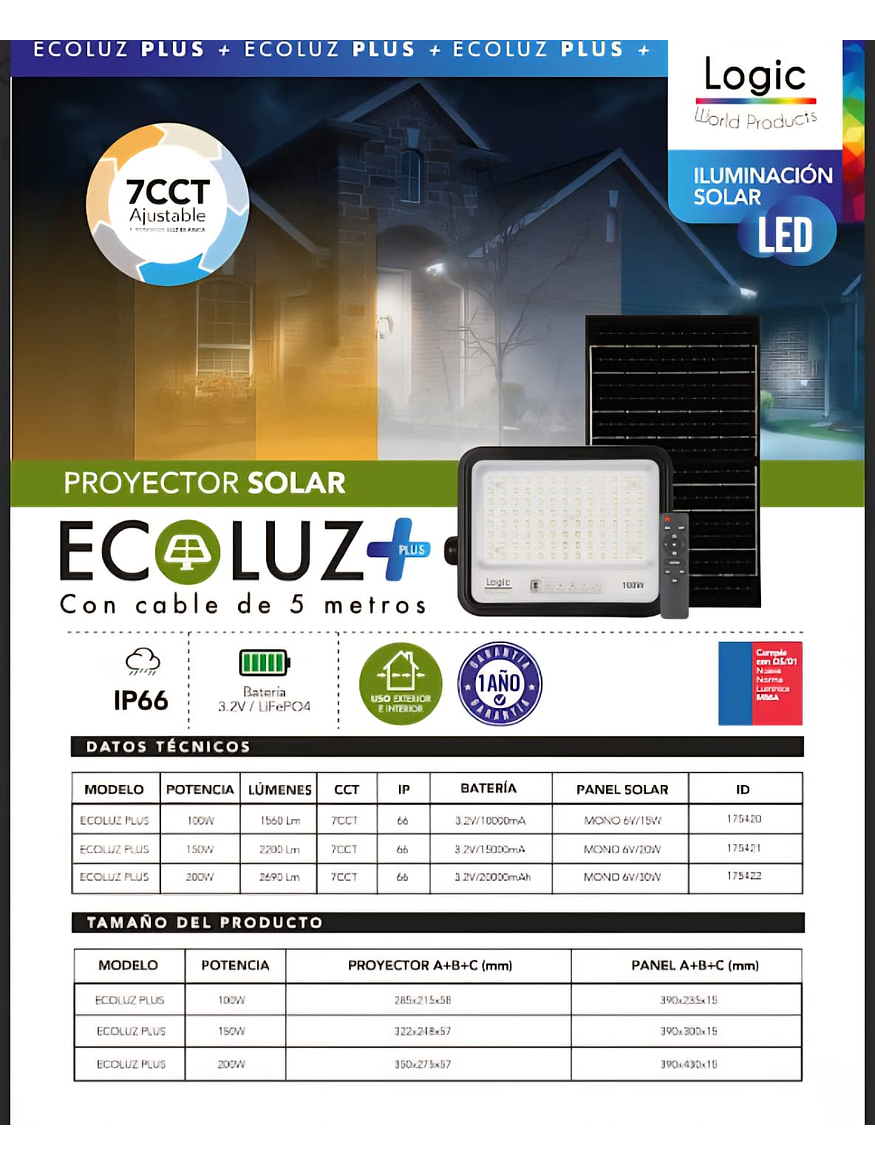 Proyector solar LED Ecoluz 100W 7CCT IP66 luz regulable 4