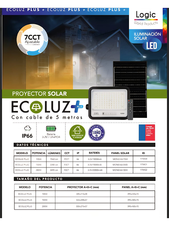 Proyector solar LED Ecoluz 150W 7CCT IP66 luz ajustable 3