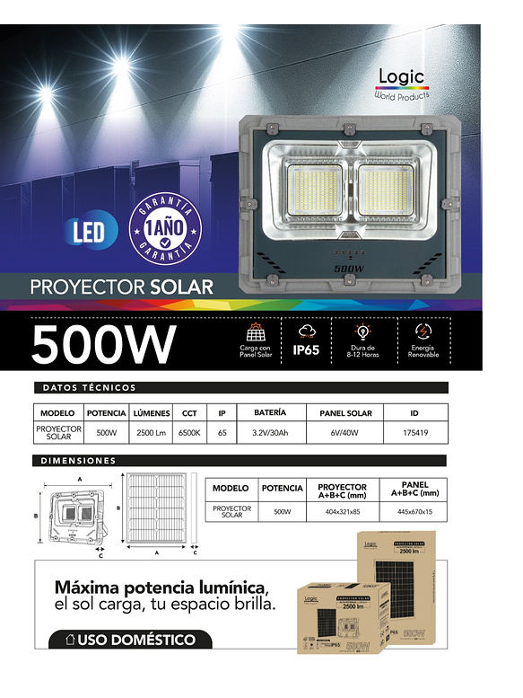 Proyector solar LED 500W 6500K luz fría IP65 4