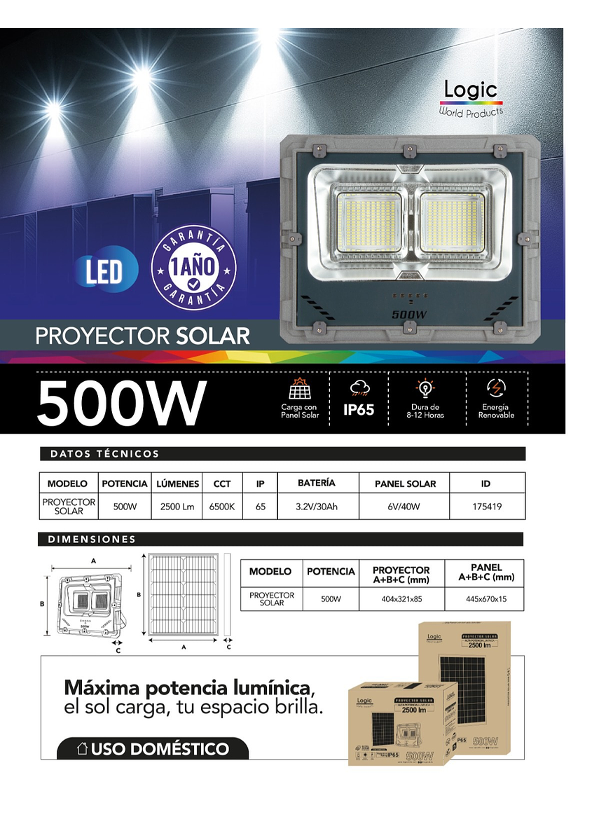 Proyector solar LED 500W 6500K luz fría IP65 4