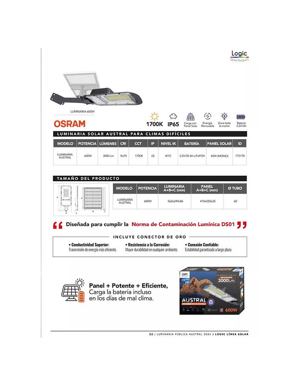 Luminaria Solar Pública LED Austral 600W 1700K DS1 5