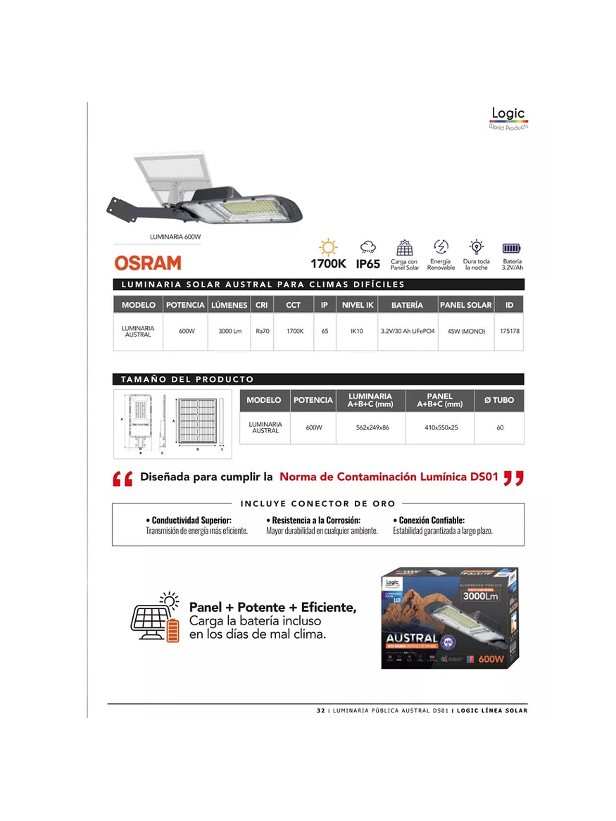 Luminaria Solar Pública LED Austral 600W 1700K DS1 5