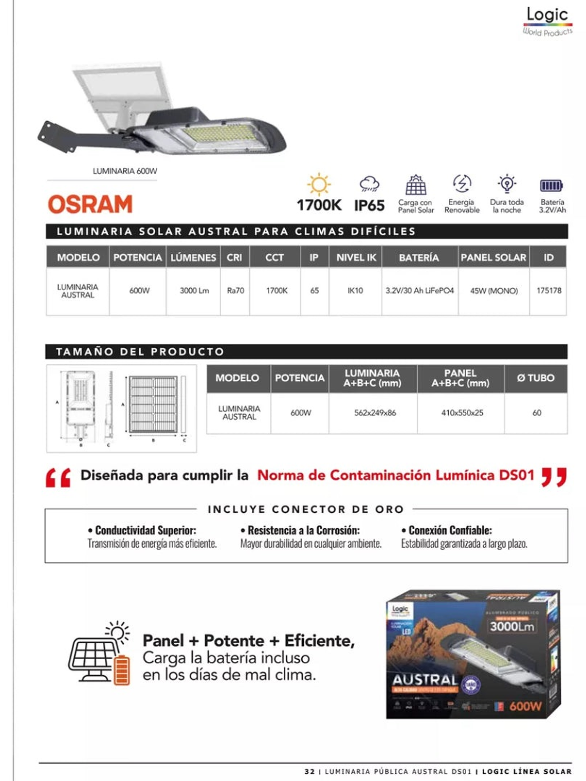 Luminaria solar pública LED AUSTRAL 600W luz cálida 1700K IP65 DS1 5