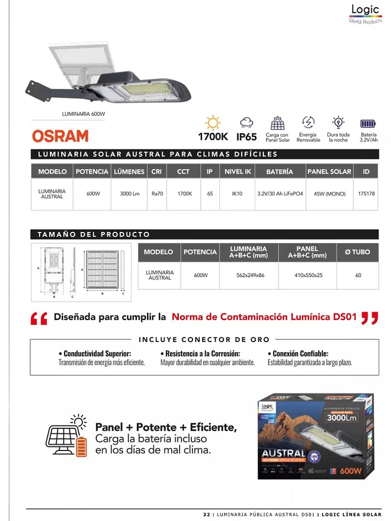 Luminaria solar pública LED AUSTRAL 600W luz cálida 1700K IP65 DS1 5