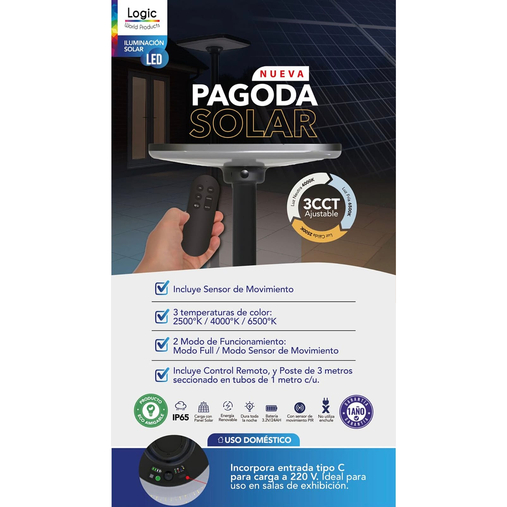 Luminaria solar Pagoda 250W c/poste 3 Metros IP65 3CCT 