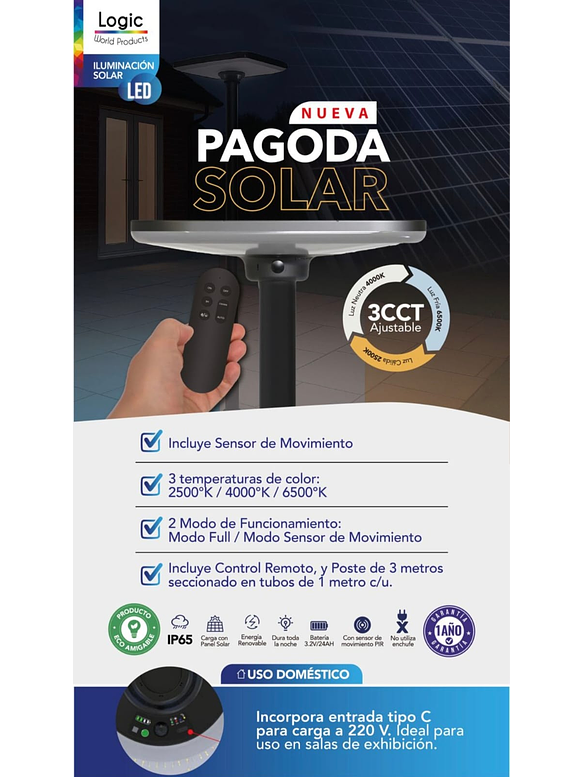 Kit Luminaria Solar Pagoda 250W 3CCT IP65 + Poste Metálico 3 Metros 6