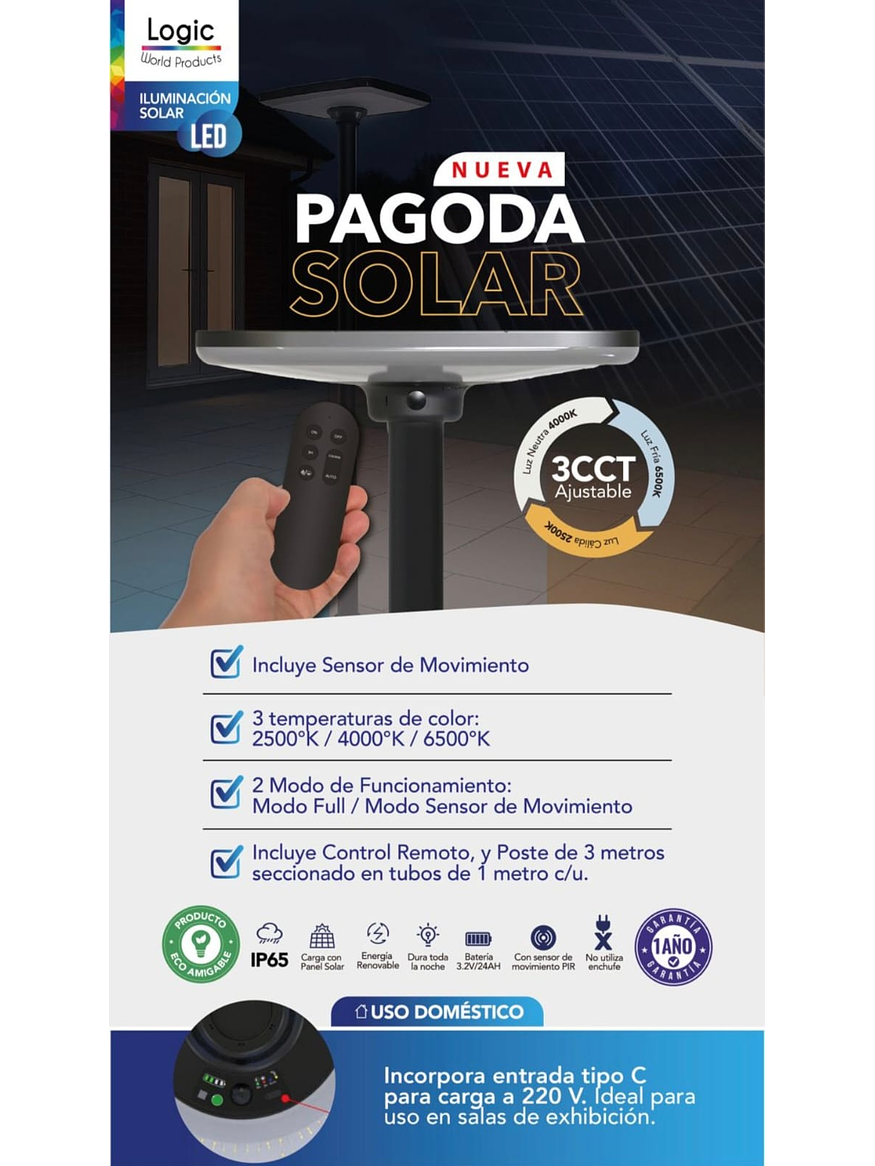 Kit Luminaria Solar Pagoda 250W 3CCT IP65 + Poste Metálico 3 Metros 6