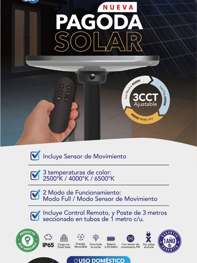 Luminaria solar Pagoda 250W c/poste 3 Metros IP65 3CCT  2