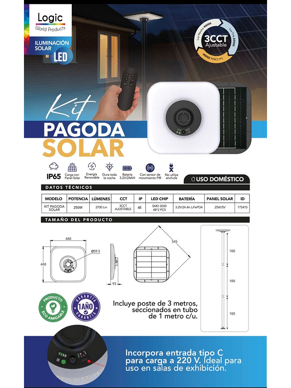 Kit Luminaria Solar Pagoda 250W 3CCT IP65 + Poste Metálico 3 Metros 7
