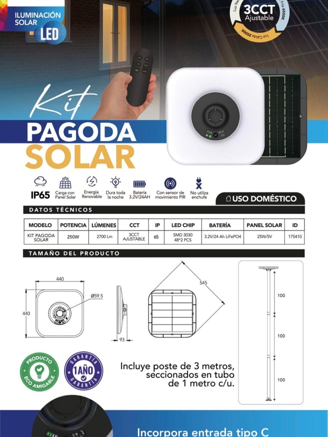 Luminaria solar Pagoda 250W c/poste 3 Metros IP65 3CCT  3