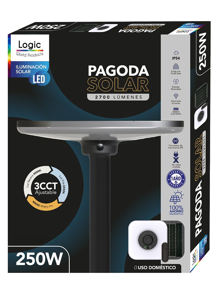 Luminaria solar Pagoda 250W c/poste 3 Metros IP65 3CCT  8