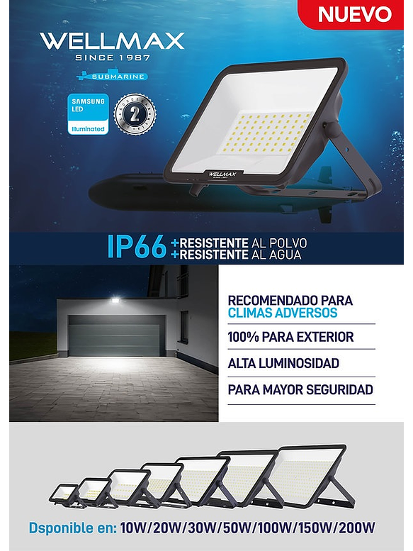 Proyector LED Submarine Wellmax 200W IP66 Luz Fría Exterior 6