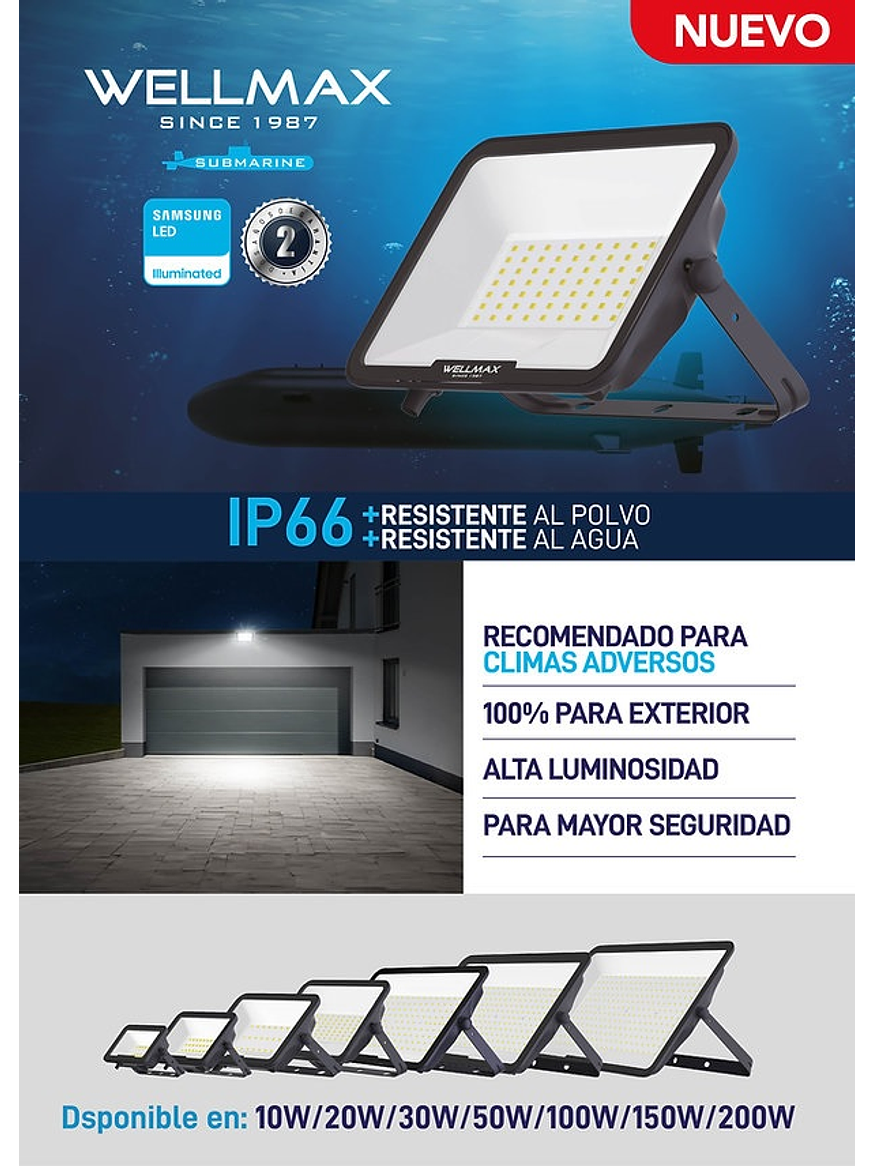 Proyector LED Submarine Wellmax 200W IP66 Luz Fría Exterior 6