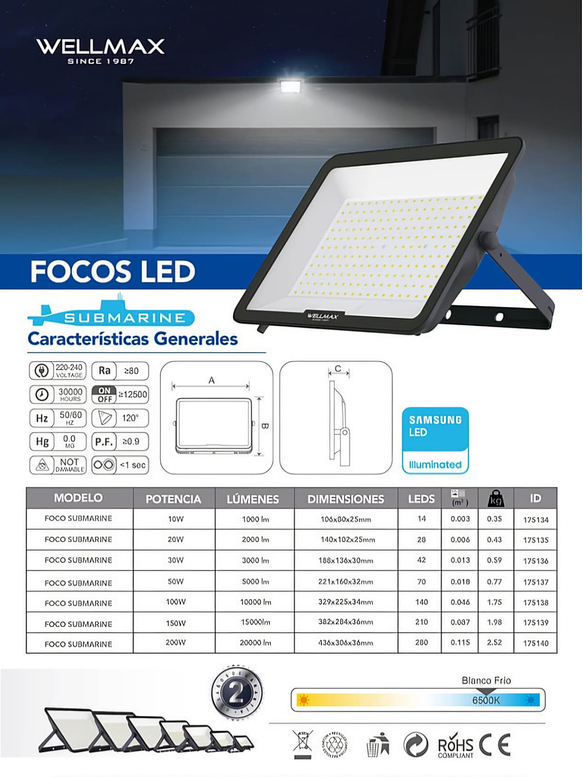 Proyector LED Submarine Wellmax 200W IP66 Luz Fría Exterior 7