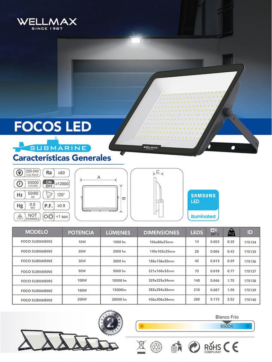Proyector LED Submarine Wellmax 200W IP66 Luz Fría Exterior 7