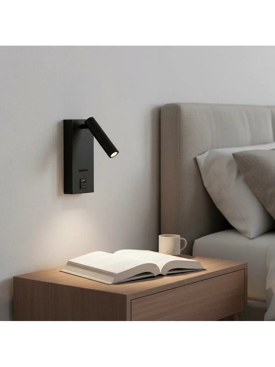 Aplique LED Lectura Roblan Akademi 3W Luz Cálida con Interruptor y USB Negro 4