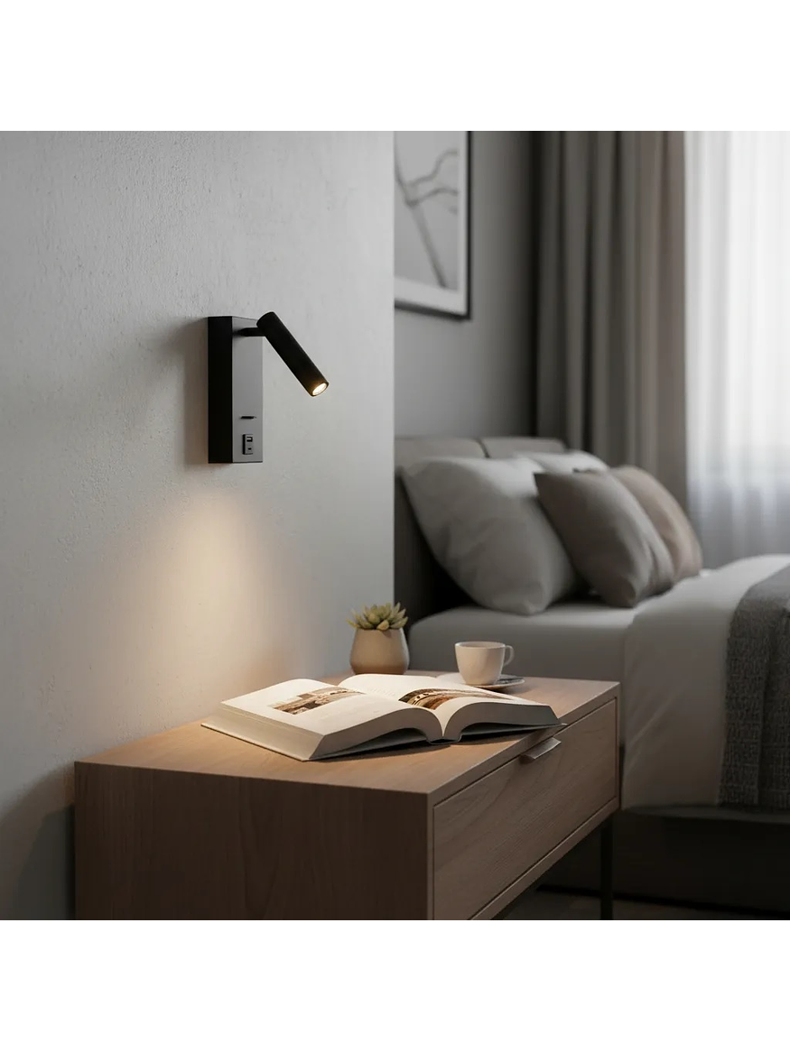 Aplique LED Lectura Roblan Akademi 3W Luz Cálida con Interruptor y USB Negro 6
