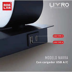 Aplique LED NARRA Lectura 6W Luz Cálida USB A+C Negro 