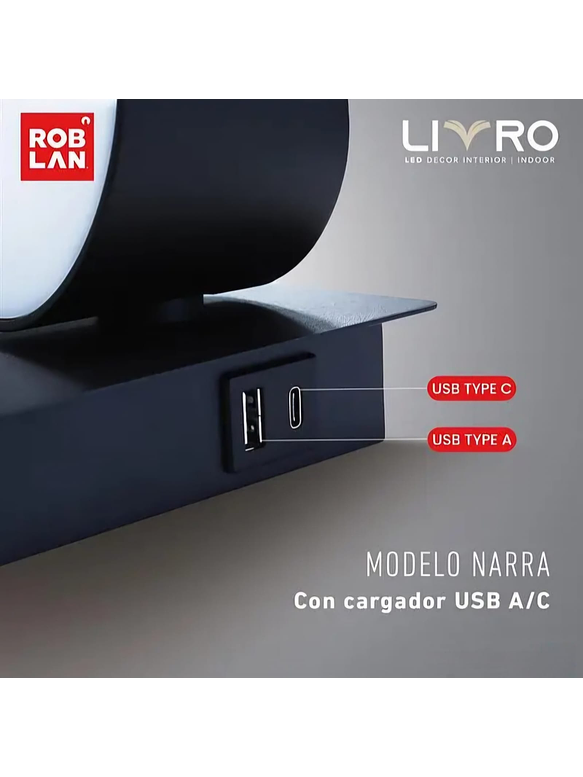 Aplique LED NARRA Lectura 6W Luz Cálida USB A+C Negro  2