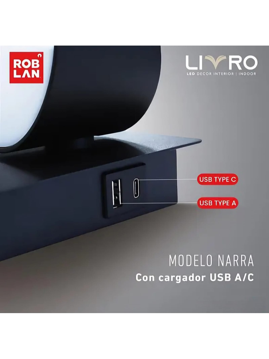 Aplique LED NARRA Lectura 6W Luz Cálida USB A+C Negro  2