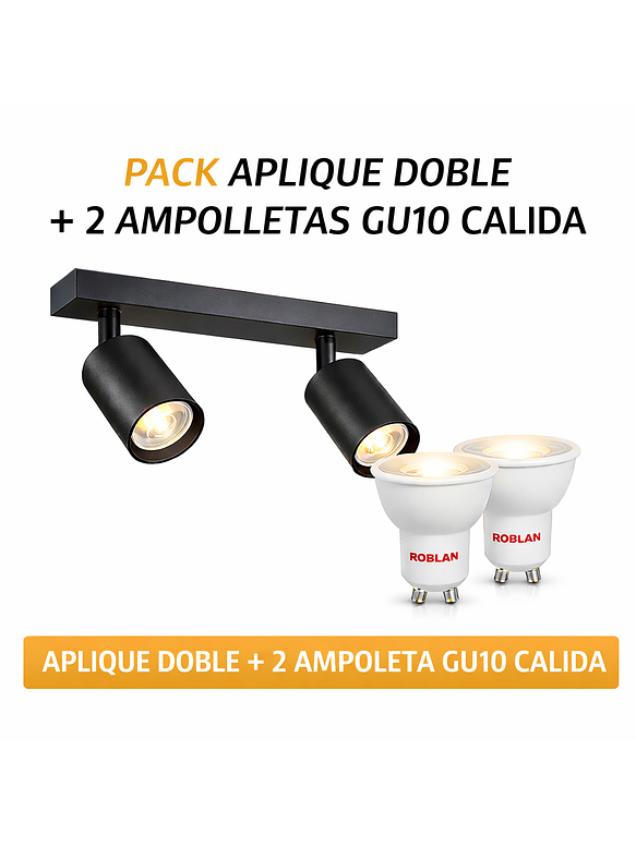 Kit Aplique Muro Doble Negro + 2 Ampolletas GU10 110° Luz Cálida ROBLAN 1