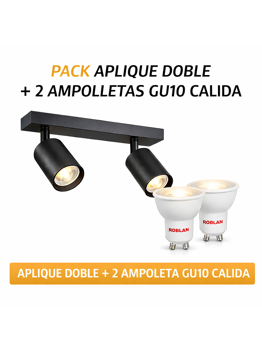 Kit Aplique Muro Doble Negro + 2 Ampolletas GU10 110° Luz Cálida ROBLAN 1