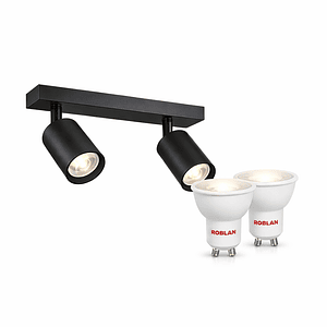 Kit Aplique Muro Doble Negro + 2 Ampolletas GU10 110° Luz Cálida ROBLAN