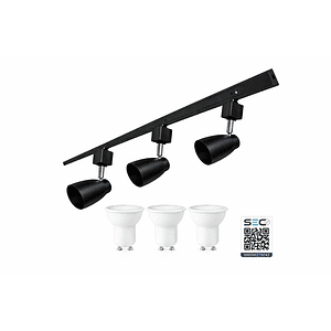 Kit Riel Monofásico Negro 1m 3 Focos GU10 Luz Cálida