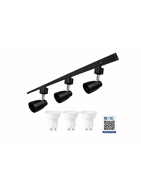 Kit Riel Monofásico Negro 1m 3 Focos GU10 Luz Cálida 1