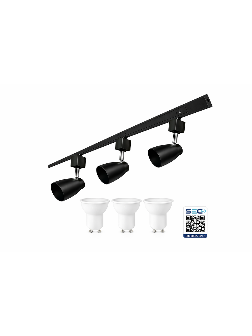 Kit Riel Monofásico Negro 1m 3 Focos GU10 Luz Cálida 1