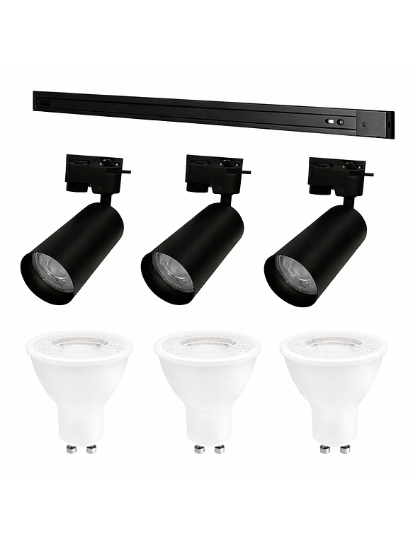 Kit Riel Monofásico Negro 1m 3 Focos GU10 Luz Cálida 1