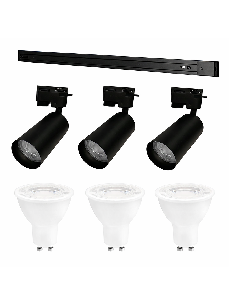 Kit Riel Monofásico Negro 1m 3 Focos GU10 Luz Cálida 1