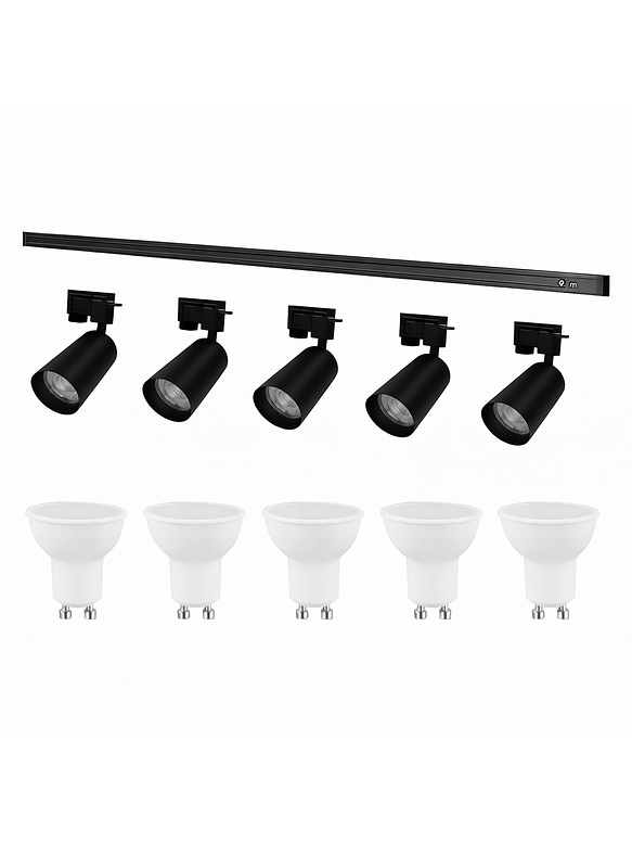 Kit Riel Monofásico Negro 2m 5 Focos GU10 Luz Cálida 1